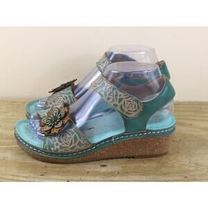 L'Artiste Spring Step Sandals Womens 6.5 Green Blue Cuteness Floral Wedge Shoes